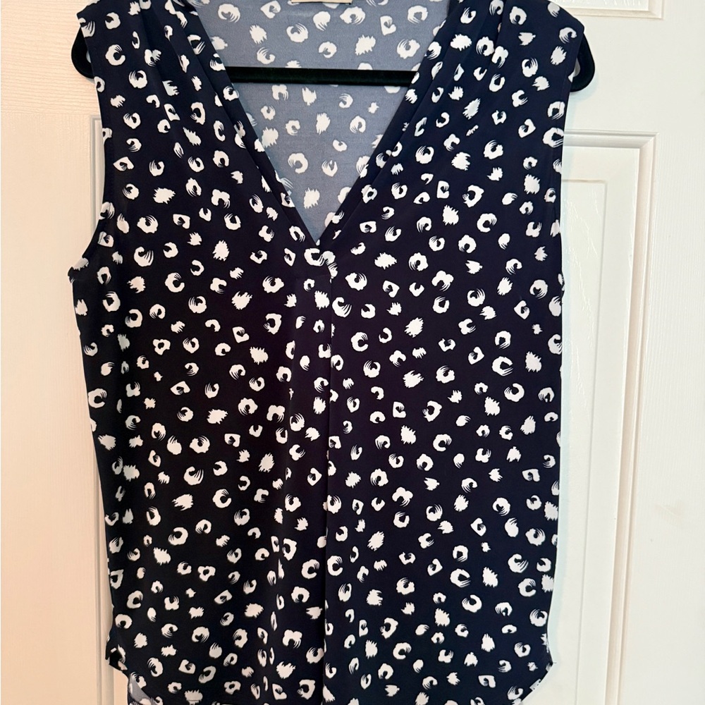 Beacon Sleeveless Blouse – Navy & White Abstract Print, Size L, Made in USA